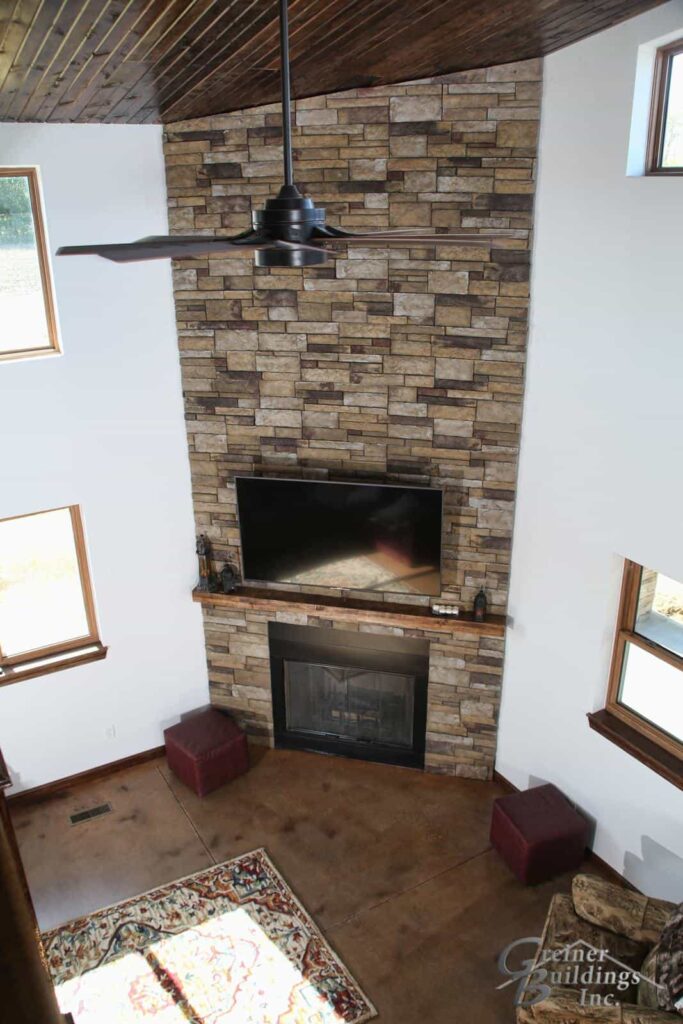 Shop Machine Shed Shome Man Cave Fireplace Quad Cities Muscatine, Iowa built by Greiner Buildings