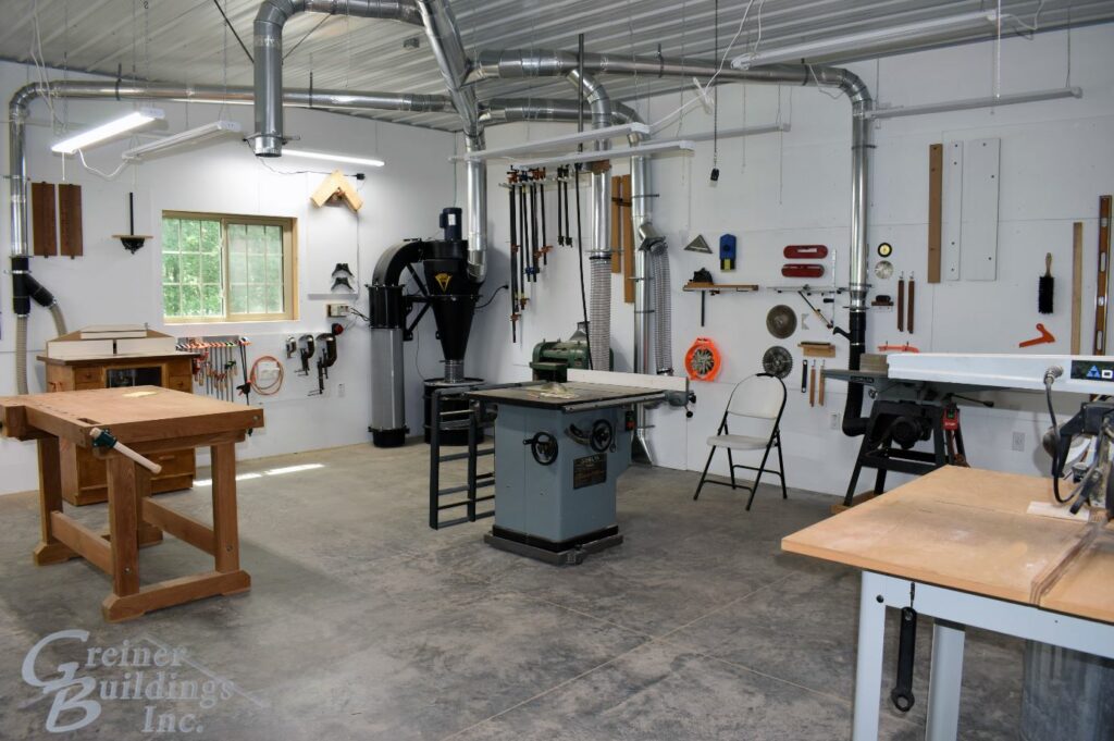 workshop area inside insulated hobby garage pole building