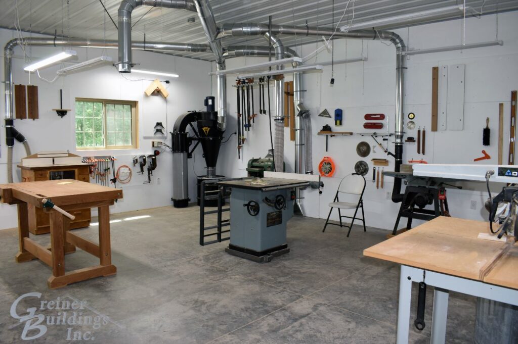 workshop area inside insulated hobby garage pole building Howe3