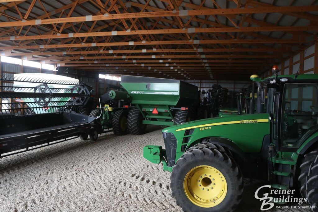 new machine shed ag post frame building with tractors