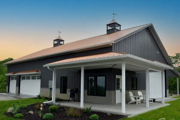 signature-series-dark-grey-pole-barn-copper-roof-covered-porch-cupolas